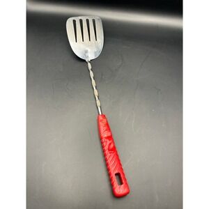 Vtg Kitchen Offset Slotted Spatula Red Handle‎ Stainless Steel Utensil 12" As Is